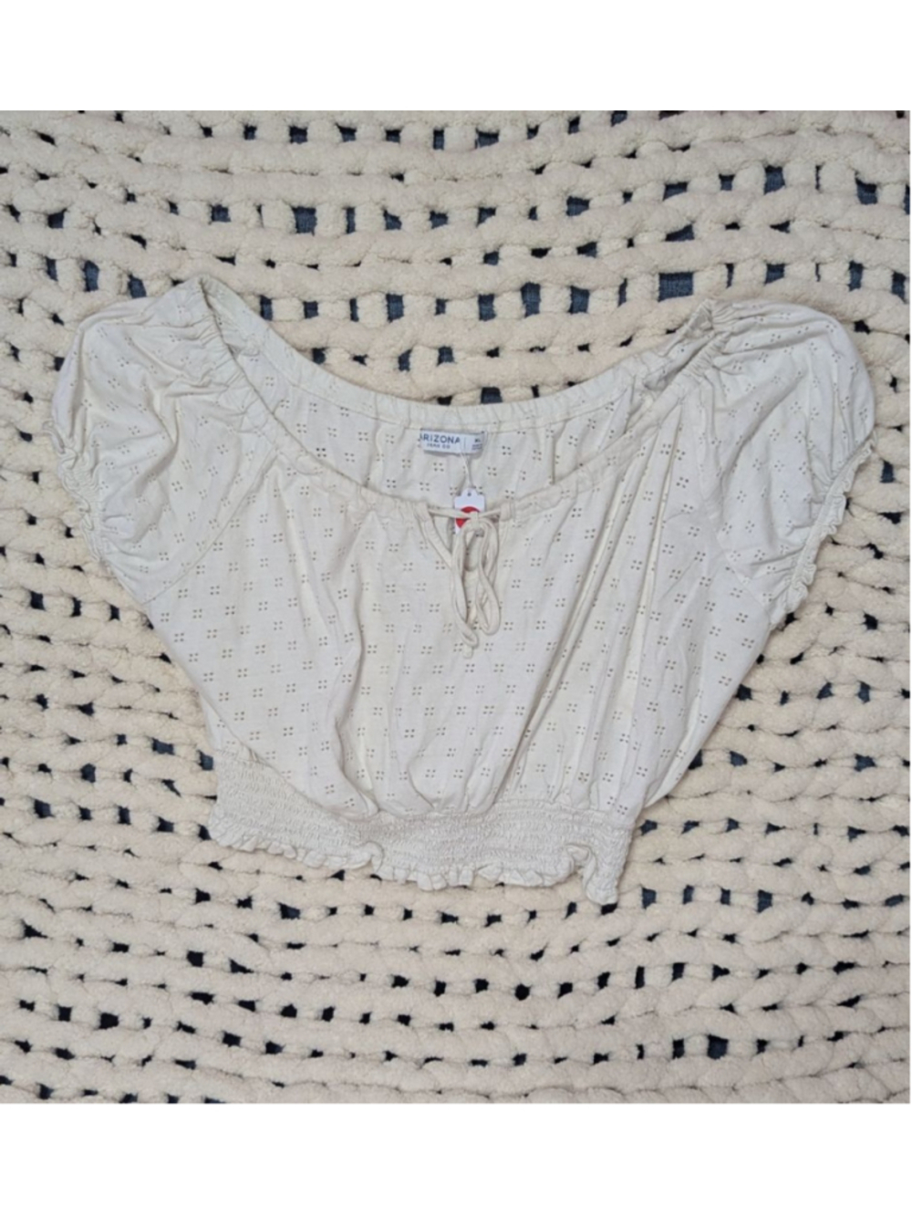 Arizona Jean Co Women's White Eyelet Smocked Crop Top XL Cottagecore Peasant